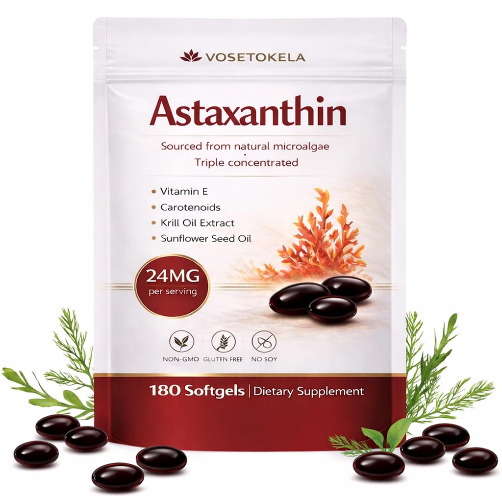 Suppléments d'astaxanthine, Capsules d'antioxydants d'astaxanthine, 180 Softgels, 24mg Chaque, 6 mois, de Microalgues, sans gluten, non-OGM, soutient un mode de vie sain et équilibré