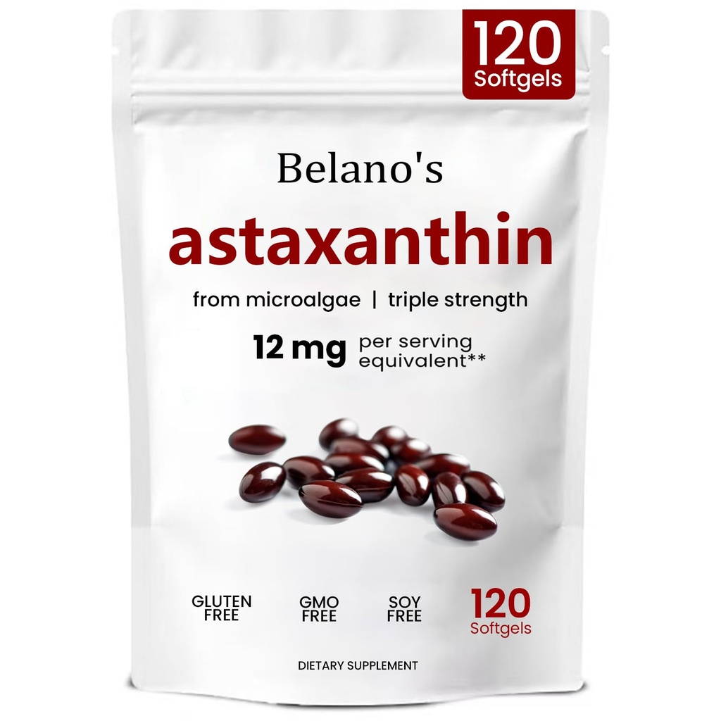 Astaxanthine de Belano 12mg, Astaxanthine Softgels, supplément antioxydant d'Astaxanthine Premium, non-OGM, végétalien- amical et sans gluten - 120 Softgels (1 sac)