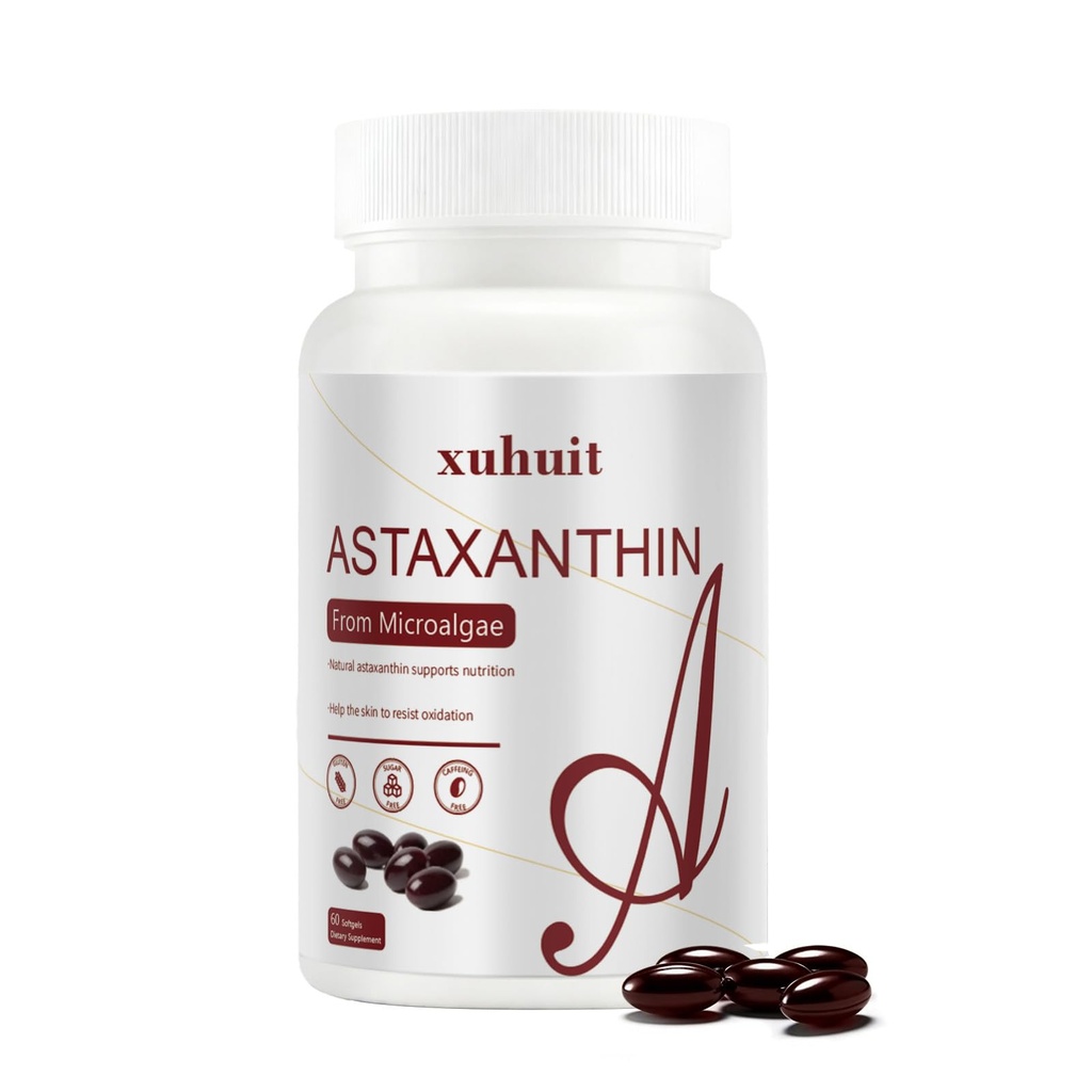 Astaxanthine 12mg 60 Softgels, supplément antioxydant naturel de microalgues, non-OGM, sans soja, soutient la santé de la peau, facile à avaler Softgels, 2 mois d'approvisionnement (1)