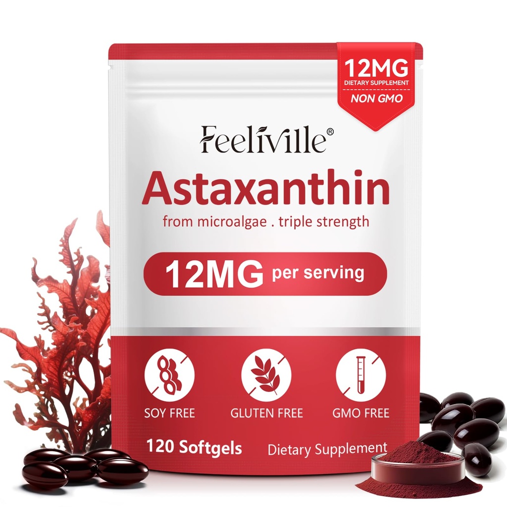 Astaxanthine Suppléments, Astaxanthine Premium 12mg Antioxydant avec activité antioxydante, soutient les yeux, articulaires, immunitaires, santé de la peau, circulation interne, 1Pack(120 Softgels), non-OGM et sans gluten
