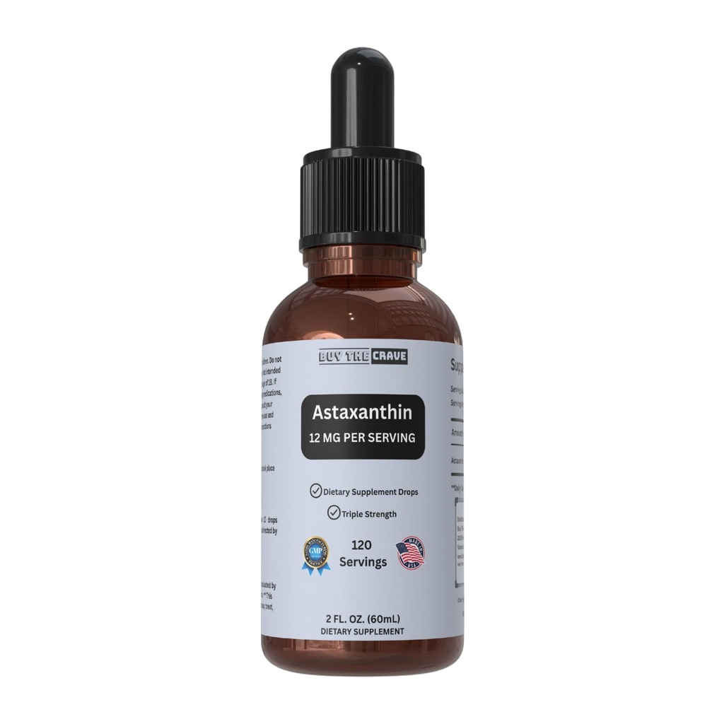 Astaxanthine gouttes liquides infusées avec l'huile d'olive vierge extra pressée froide – 12mg par portion – Support antioxydant naturel – Bouteille goutteuse 2 fl oz – végétalien, non-OGM