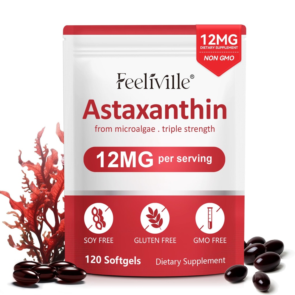 ABOUME Suppléments d'astaxanthine, Astaxanthine 12mg, source de microalgues fraîches, soutient les yeux, l'immune, la santé de la peau, la circulation interne.