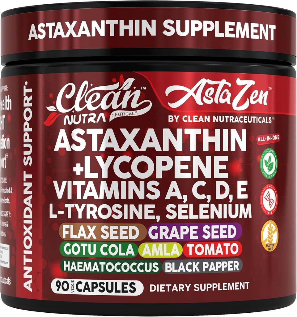 Clean Nutra Astaxanthin 12mg Lycopene Supplement with Vitamin A C D3 E, L-Tyrosine, Selenium, Flax, Grape Seed, Gotu Kola, Amla, Black Pepper, 90 Complex Veggie Capsules