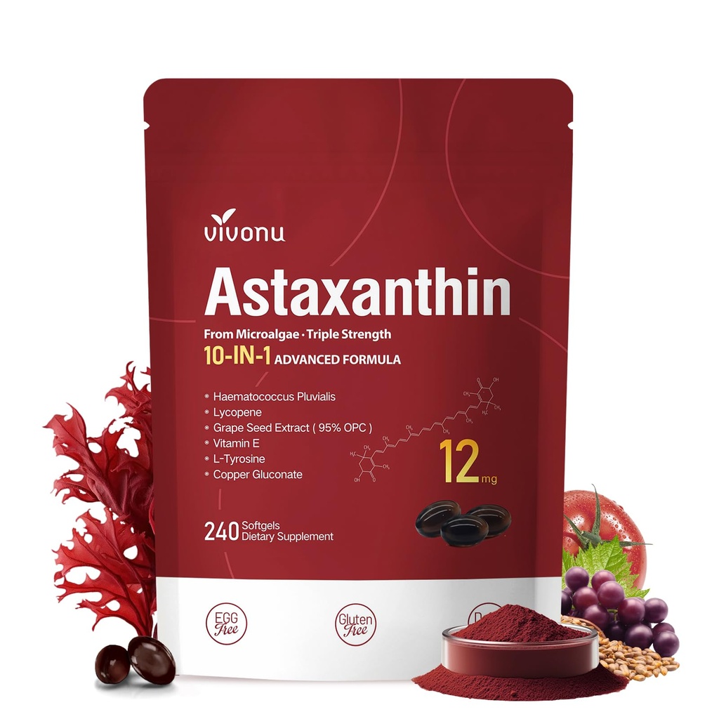 VivoNu Astaxanthine 12mg Suppléments, 240 Softgels, hématococcus frais Pluvialis 10 en 1 Astaxanthine Antioxydant suppléments, soutient les yeux, la peau, les articulations, le cerveau, le coeur et le système immunitaire santé