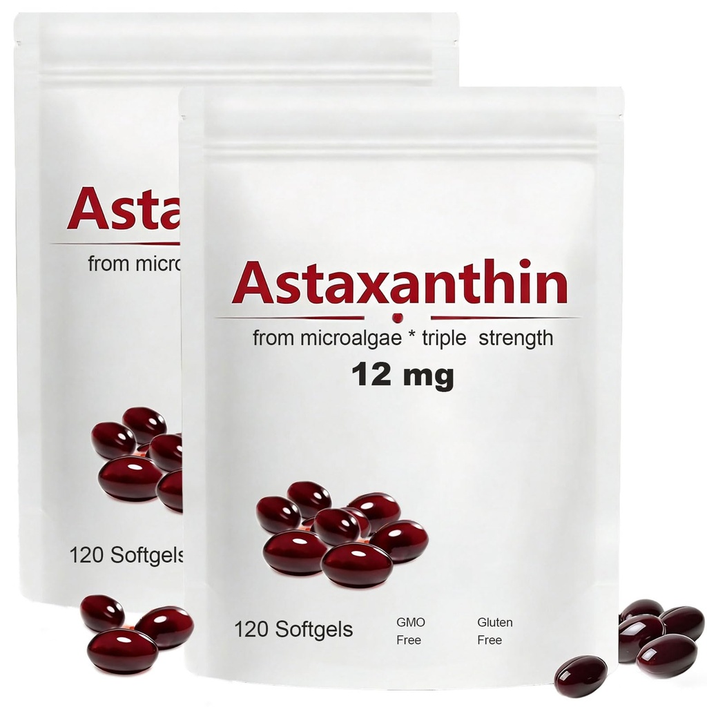 2pack Astaxanthin 12mg, 120 Softgels, Max Strength Antioxydant à l'huile de coco, formule naturelle, haute absorption pour le soutien des yeux et de la peau, formule naturelle, non-OGM, sans gluten