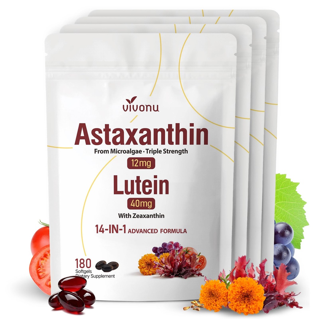 14-en-1 Astaxanthine 12mg et lutéine 40mg avec supplément de zéaxanthine, 24 mois d'approvisionnement, source de microalgues fraîches, soutient les yeux, la peau, antioxydant, articulaire, santé circulatoire, non-OGM, sans gluten, 4 sacs