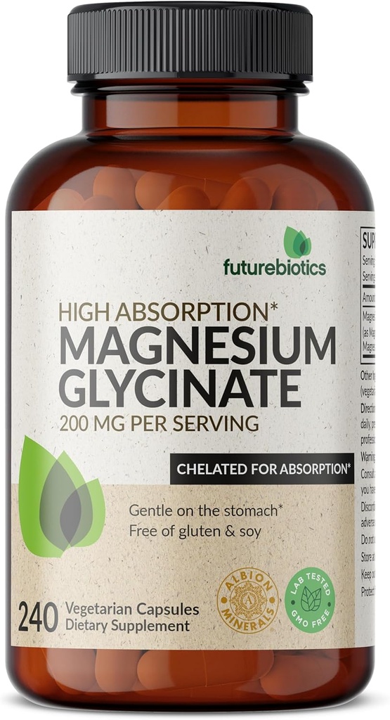 Futurebiotiques Magnésium Glycinate 200 MG par portion Chélaté pour une absorption élevée, doux sur l'estomac, non-OGM, 240 Capsules végétariennes