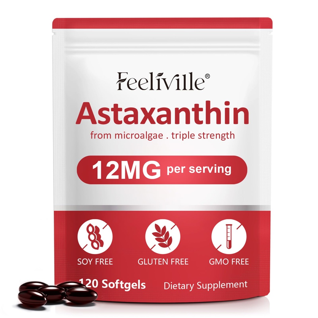 Astaxanthine 12mg (120 Softgels) - Suppléments d'antioxydants pour l'astaxanthine - Supporte la santé oculaire, la circulation interne, immunitaire et cutanée - Source de microalgues fraîches - Non-OGM et sans gluten