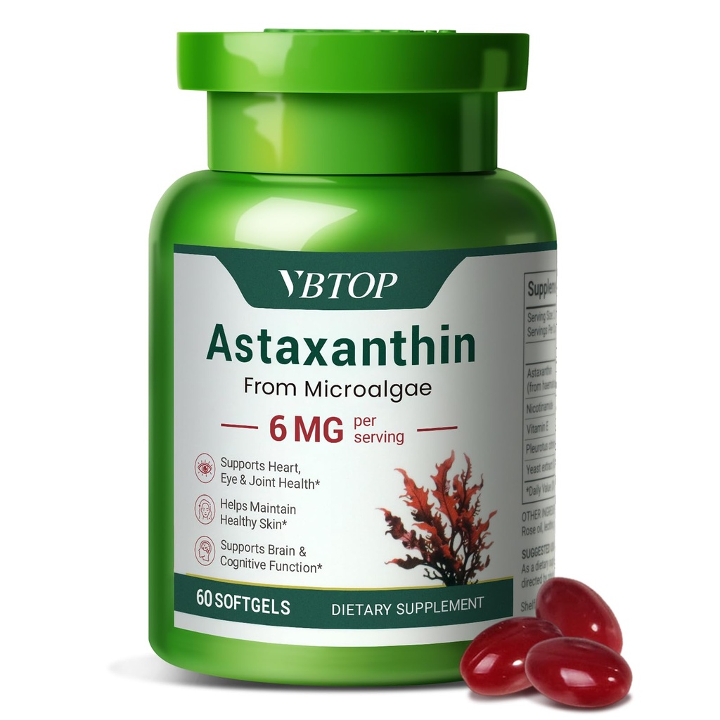 Astaxanthine 6 mg, supplément d'astaxanthine Premium avec activité antioxydante, soutient la santé des yeux, de la peau, des articulations et du système immunitaire. Source de microalgues fraîches, non OGM, sans gluten - 60 softgels