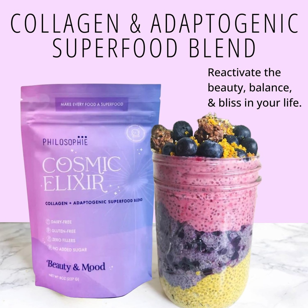 Philosophie Cosmic Elixir Collagen Superfood Blend with Adaptogens – Poudre biologique et non sucrée pour la santé des Guts, l'équilibre hormonal, le soutien articulaire et la vitalité de la peau – 32 portions