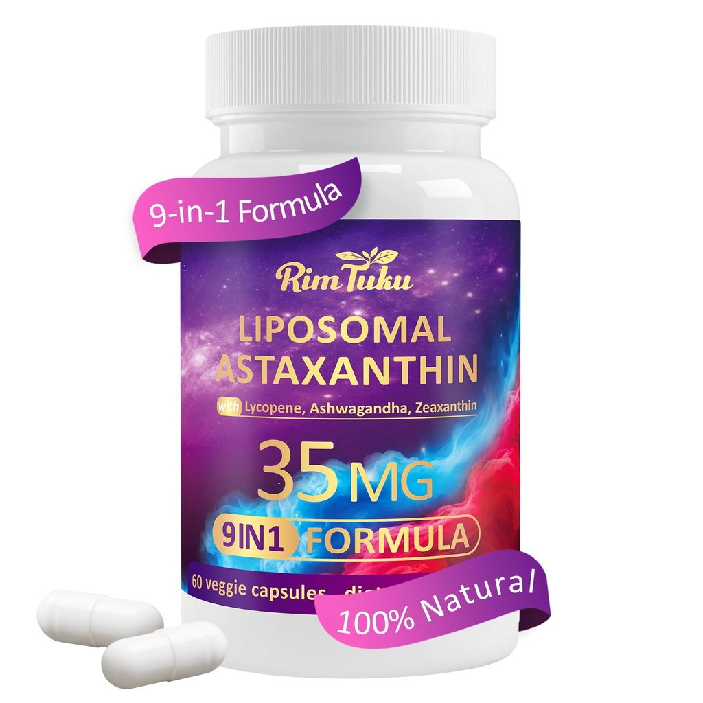 Complexe Liposomale Astaxanthine Supplément 9-en-1 avec Ashwagandha, Lycopène, Zeaxanthine, Supplément Antioxydant Soutien de la santé oculaire, cutanée et articulaire, 60 Capsules