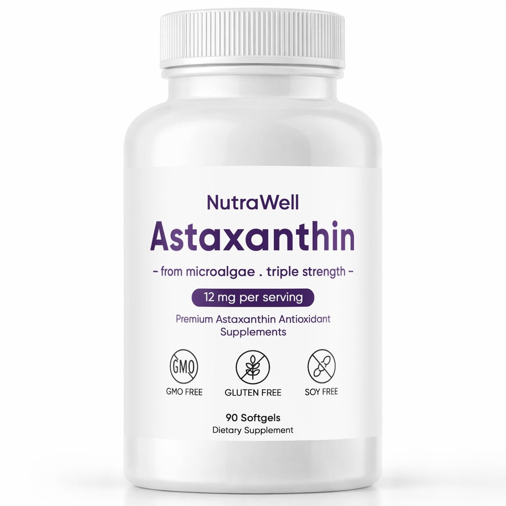 Nutrawell Astaxanthin - Supplément quotidien de bien-être antioxydant avec une formule naturelle d'Astaxanthin propre pour un mode de vie adulte actif Facile à prendre Capsules - 90 Softgels (1)