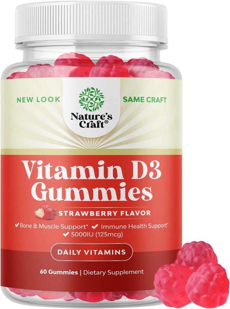 Vitamine végétale D3 Gommies pour adultes - Vitamine D3 5000 UI Vitamines Gommy naturelles pour les hommes et les femmes Immunity Joint Support Plus Dents - Sans gélatine Non OGM Delicious Strawberry Flavor