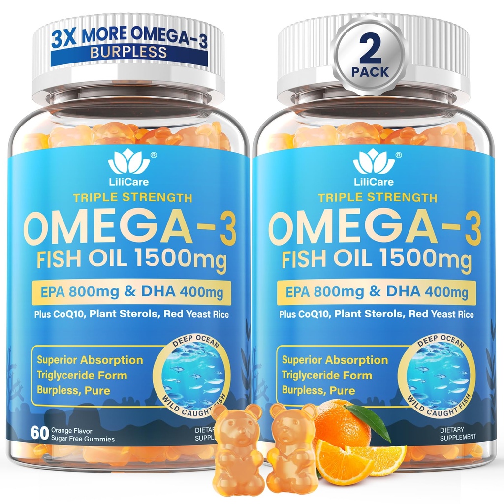 Huile de poisson Omega 3 Gummies 1500mg pour les adultes - Triple force avec EPA & DHA, COQ10, Riz de levure rouge - Omega sauvage pris 3 suppléments acides gras pour H-t et cerveau - sans sucre, sans Burpless, 120 Compte