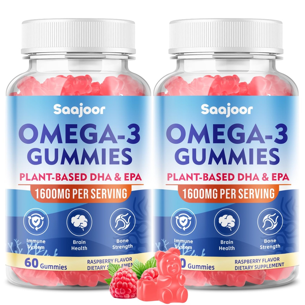 2 Pack Vegan Omega-3 Gommies1000mg pour les adultes - Supplément sans sucre avec 400mg DHA et 600mg EPA, vitamines A, C, E et zinc - 120 Compte