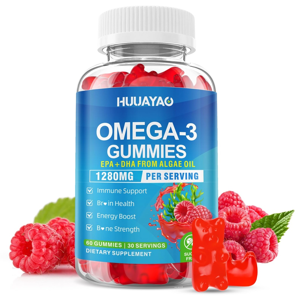 Vegan Omega-3 Gummies 1028mg, Omega 3 Huile de poisson Alternative pour les adultes w/EPA 400mg & DHA 600mg & vitamine A, C, E soutient le cerveau, l'oeil et la santé immunitaire, sans sucre, parfum de framboise, 60 comte