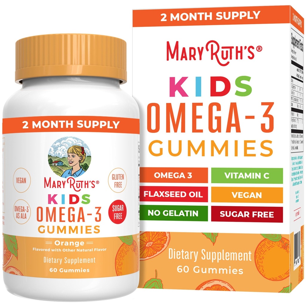 L'Oméga végétalien de MARYRUTH 3 Gommies pour enfants 2+, 2 mois d'approvisionnement, sans sucre, supplément Oméga 3 avec vitamine C, huile de lin, soutien immunitaire, nutriments essentiels ALA, Pas de goût de poisson, 60 Compte