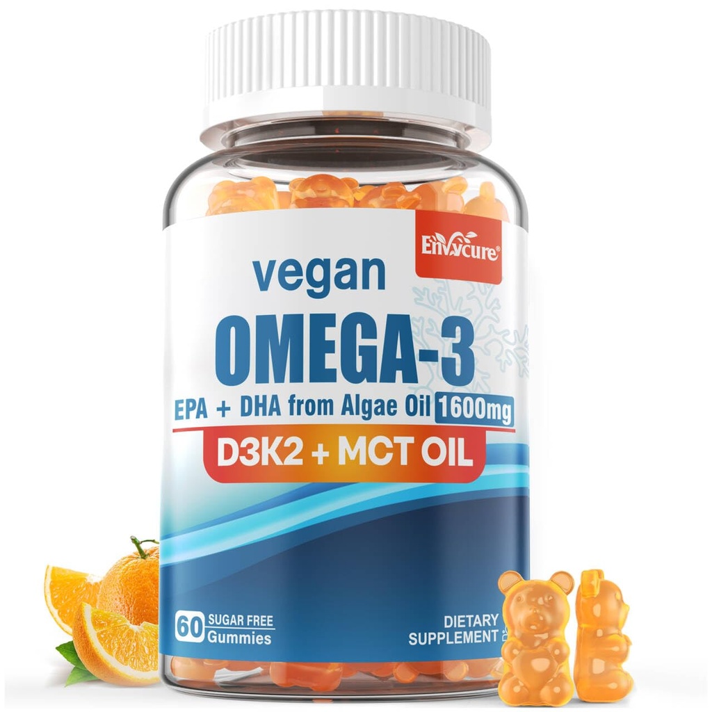 Vegan Omega 3 Gummies 1280mg + Vitamine D3 K2 (MK7), Omega 3 Huile de poisson Alternative pour les adultes, w/Algae EPA 600mg & DHA 400mg, Huile MCT - Pas de goût de poisson - pour le cerveau, l'œil, la santé immunitaire, sans sucre, 1 paquet