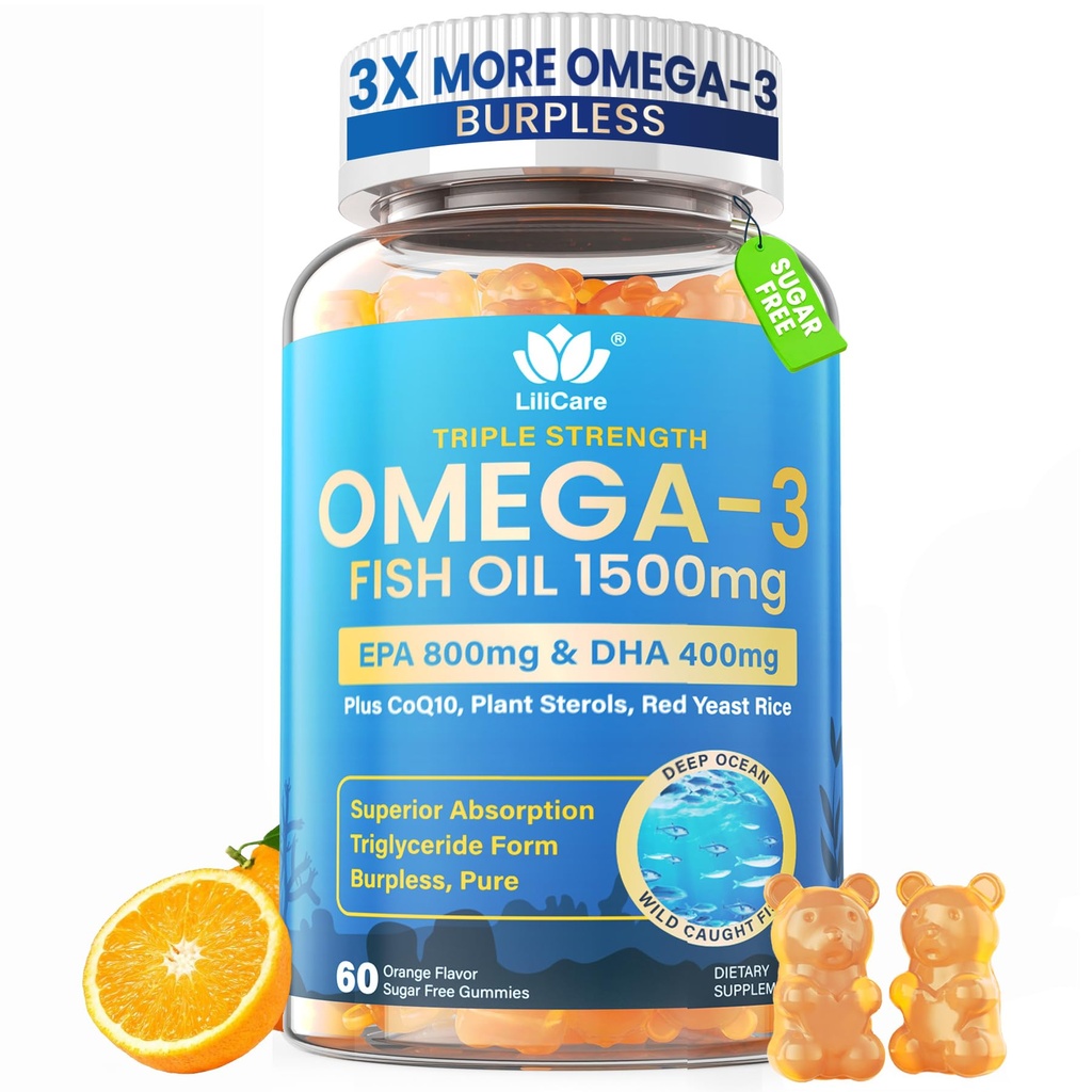 Huile de poisson Omega 3 Gummies 1500mg pour les adultes - Triple force avec EPA & DHA, COQ10, Riz de levure rouge - Omega sauvage pris 3 suppléments acides gras pour la T-H et cerveau - sans sucre, sans Burpless, 60 Compte