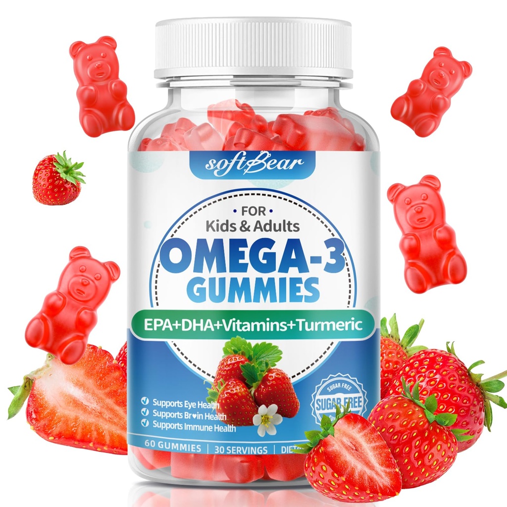 softbear Omega 3 Gummies pour les femmes et les hommes et les enfants Omega 3 Suppléments 1200mg Omega végétalien Omega 3 acides gras DHA EPA avec des vitamines soutenir la santé des yeux et du cerveau, sans sucre, saveur de fraise 60 Comte