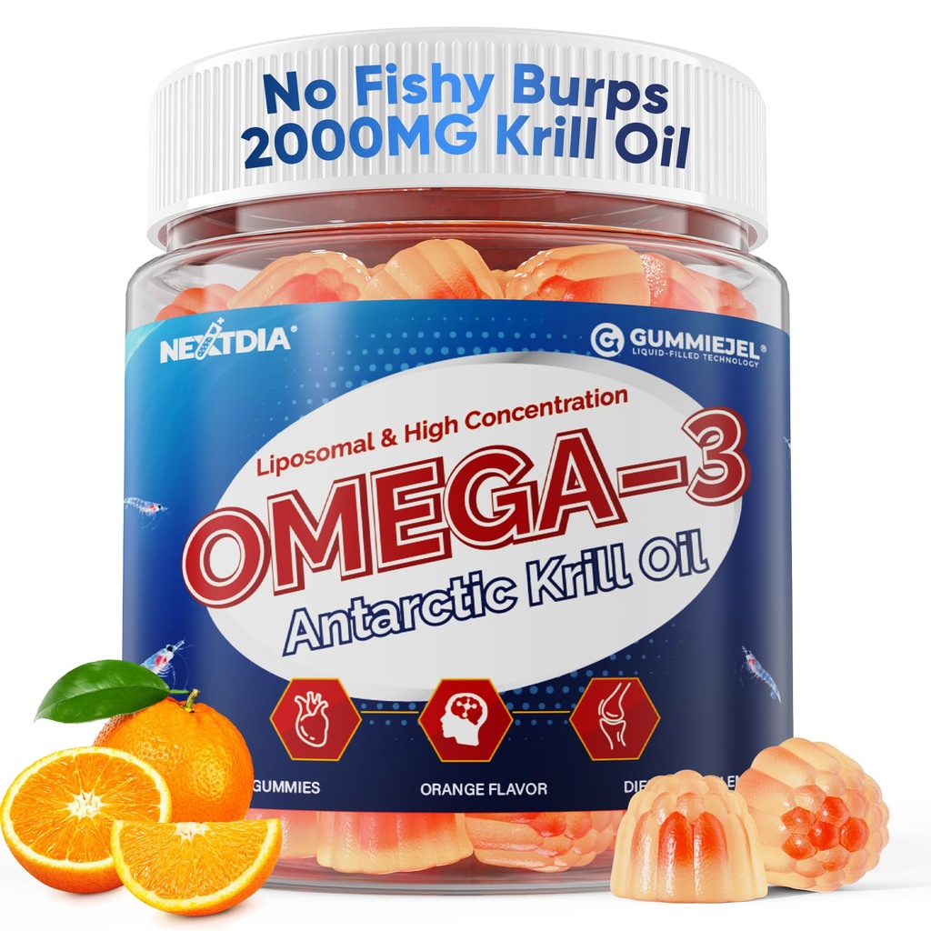 Liposomique Antarctique Krill Oil Omega 3 Gummies 2000mg - Niveau cellulaire Absorption Omega-3 avec EPA, DHA & Astaxanthine - Antioxydant et soutien du cerveau - Suppléments d'huile de poisson Alternative - 60 Compte