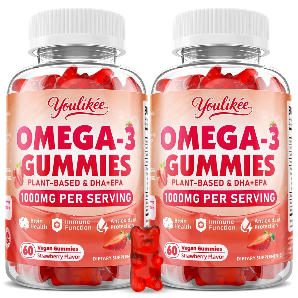 2 Pack Vegan Omega-3 Gommies 1000mg, Omega 3 Huile de poisson Alternative pour les adultes, base végétale DHA 460mg & EPA 230mg w/vitamine A, C, E, Fraise Flavor, 120 Nombre