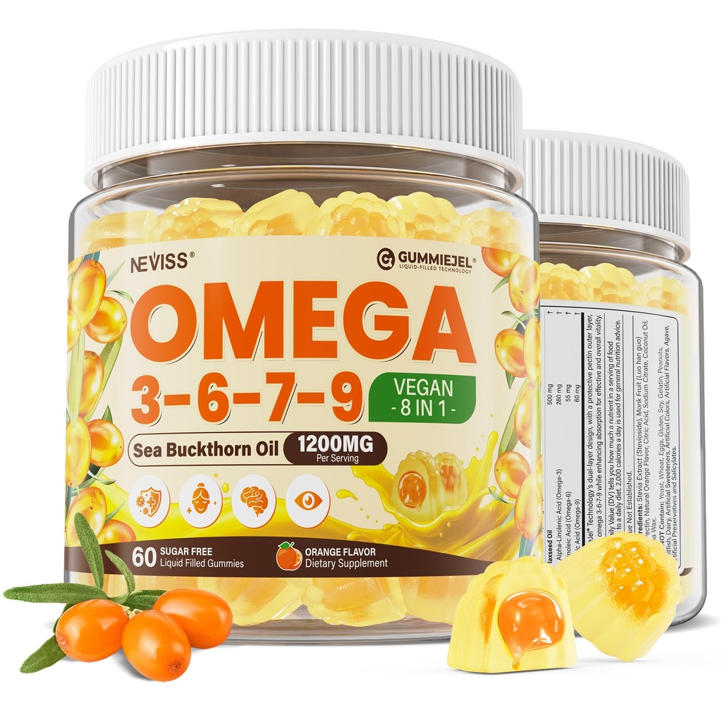 Omega 3-6-7-9 Gummies, Huile d'Arbre de mer biologique 1200MG & Huile de lin 500MG, Supplément Vegan Omega 7 avec Vitamine A, C, E, Acides gras, Pas de goût de poisson, Soutient la peau, l'œil, l'Immune, la santé du cerveau, 60 Cts
