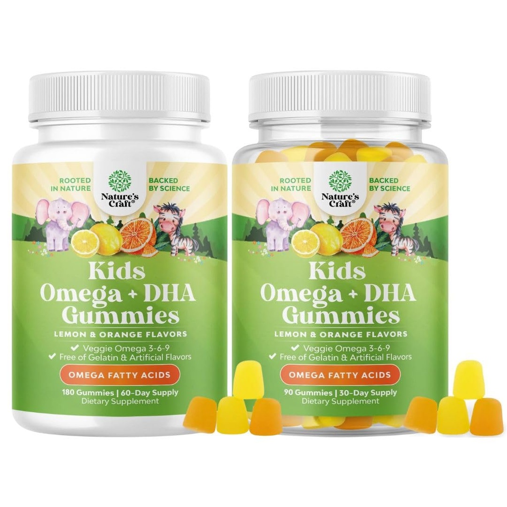 Bundle of Omega DHA Gummies for Kids - Acides gras Omega 3 6 9 avec vitamine C pour le cerveau, l'immunité et la vision - DHA nutritionnel pour un système nerveux sain et un soutien ciblé - Végétarien et sans gluten