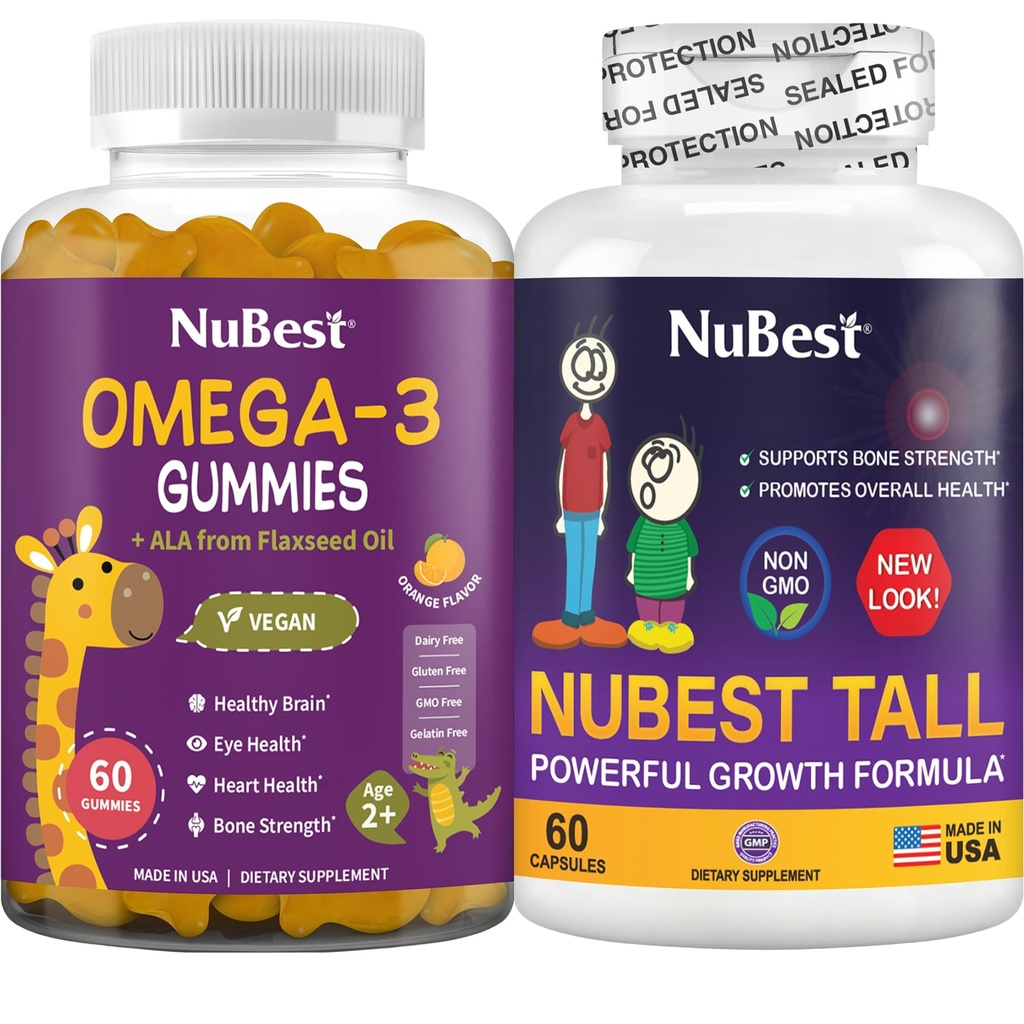 NuBest Bundle Bone Growth - Brain Growth: Omega 3 Gummies Tall New Look for Kids & Teens with Calcium, Collagen, Herbes, Omega 3 L'huile de lin