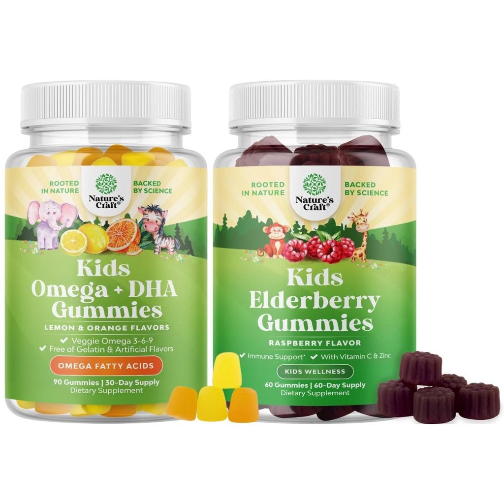 Ensemble d'enfants Omega 3 Gommies DHA - Sans poisson avec Végétarien 6 9 pour la vision Cerveau et Immunity et Sambucus Gommies Elderberry pour enfants - Black Elderberry avec Zinc et vitamine C pour le soutien immunitaire