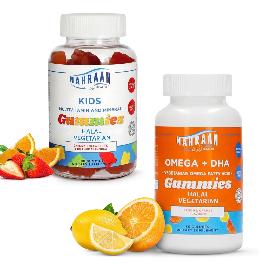 Multivitamines halales pour les enfants (90 comtes) et Oméga 3 halal pour les adultes et les enfants (60 comtes) - Gummées halales non OGM, végétariennes, sans gluten
