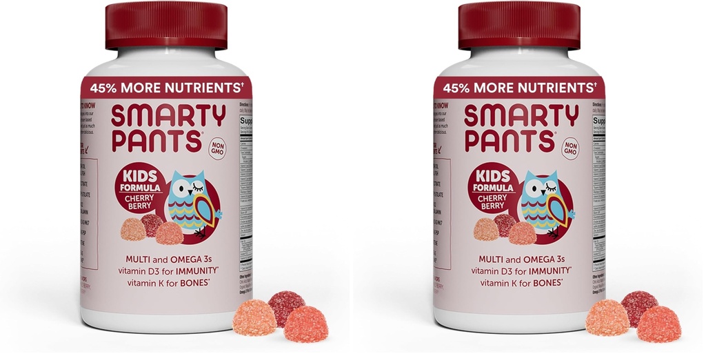 SmartyPants Gommies multivitamine pour enfants : Huile de poisson Oméga 3 (EPA/DHA), Vitamine D3, C, Vitamine B12, B6, A, K & Zinc pour le soutien immunitaire, Biotine, Raisin, cerise et arômes de baies, 120 Compte (30 jours)