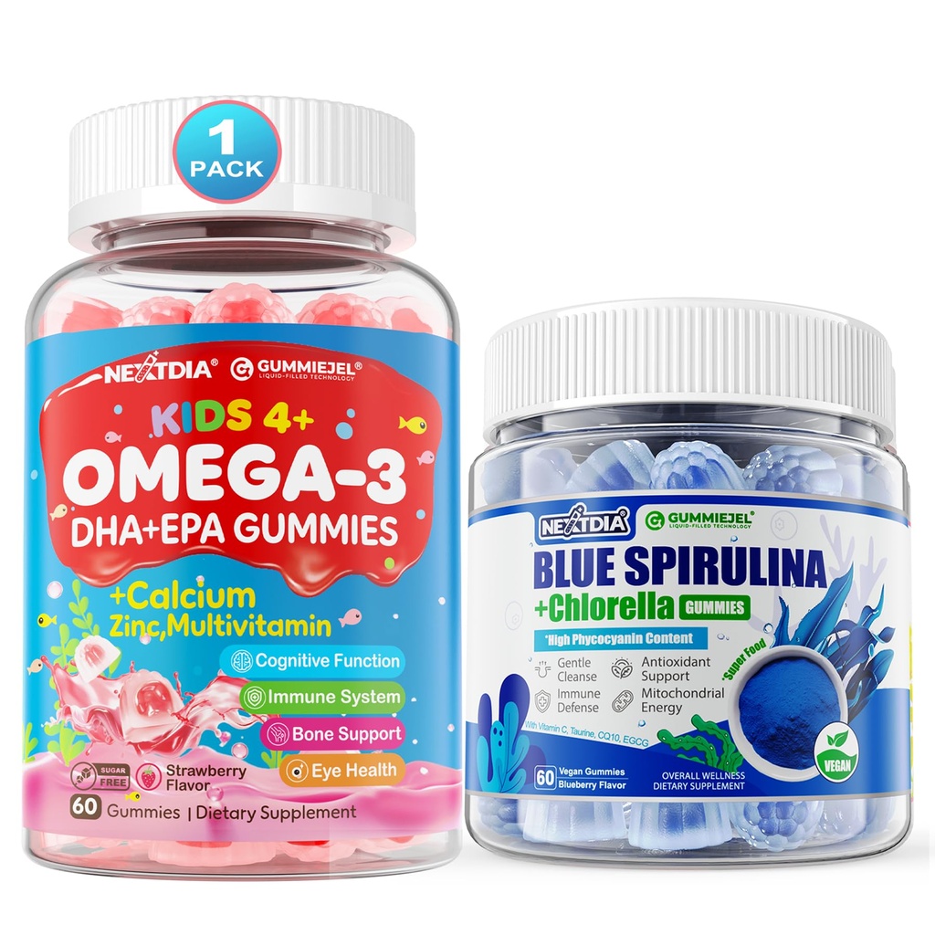 Gommies remplis Oméga 3 (EPA/DHA) + Gommies de spiruline bleue biologique