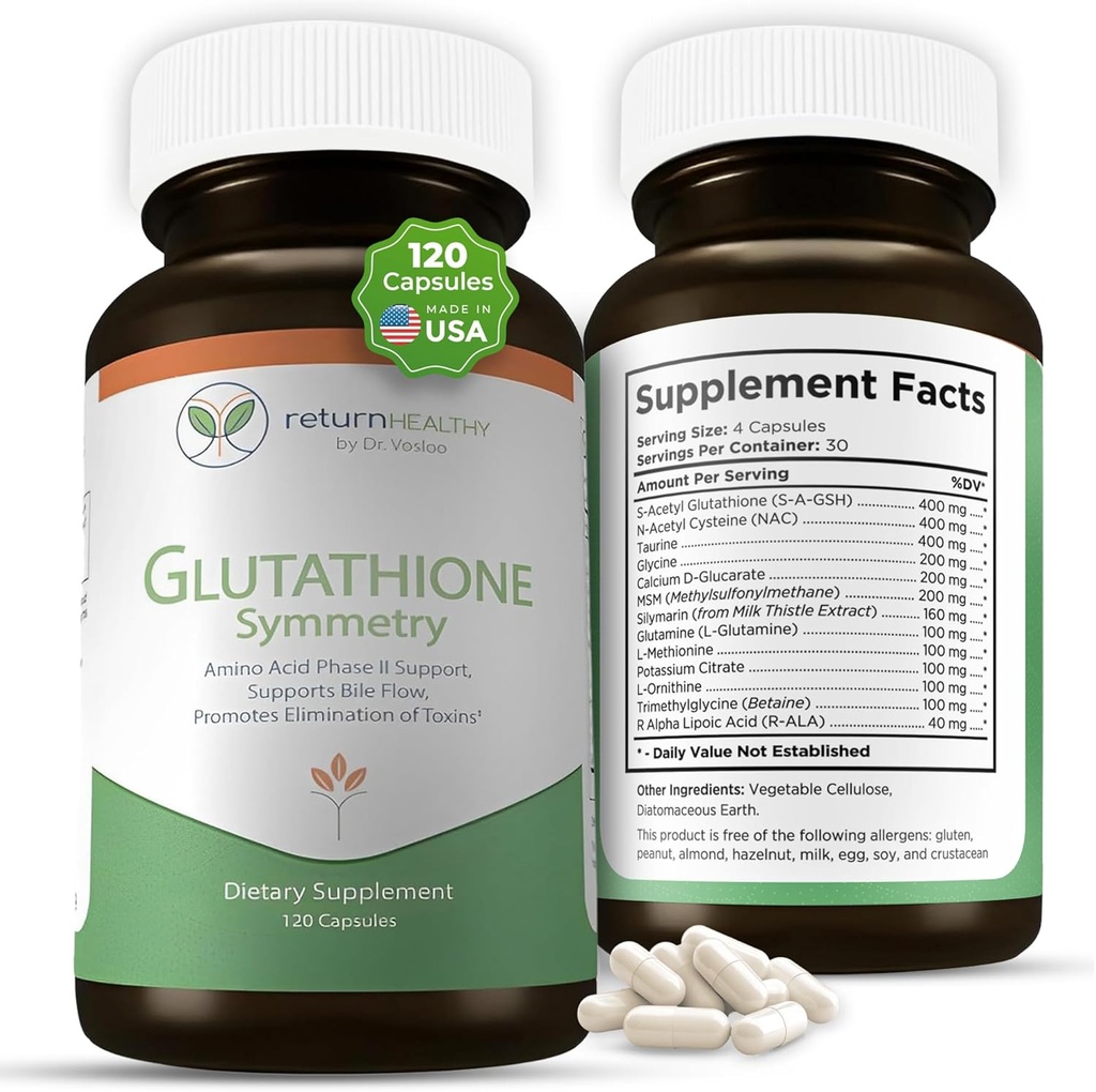 glucathion Symmetry (S-acétyl glutathion Supplement) Antioxydants et complément de détoxification (S) Support cellulaire naturel (S) All-Natural, Vegan, Non-OGM, 120 capsules