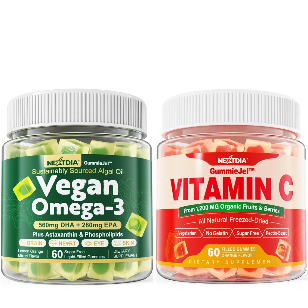 Nextdia Vegan Omega 3 Gummies + aliments entiers Vitamine C Gummies pour adultes et enfants