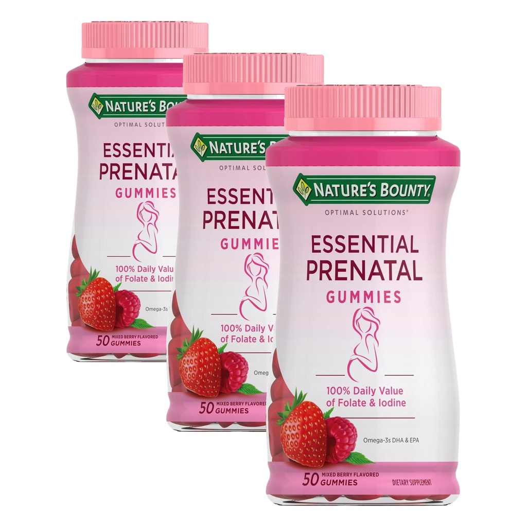 Nature's Bounty Solutions optimales Gummies prénatales essentielles, acide folique et iode, Omega 3 et DHA,25 portions,50 nombre (paquet de 3)