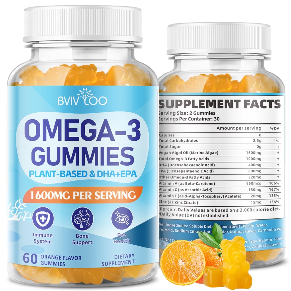 Vegan Omega-3 Gummies - 1600mg avec 600mg EPA et 400mg DHA. Formule d'absorption élevée. Delicious Orange Saveur - 60 Gummies