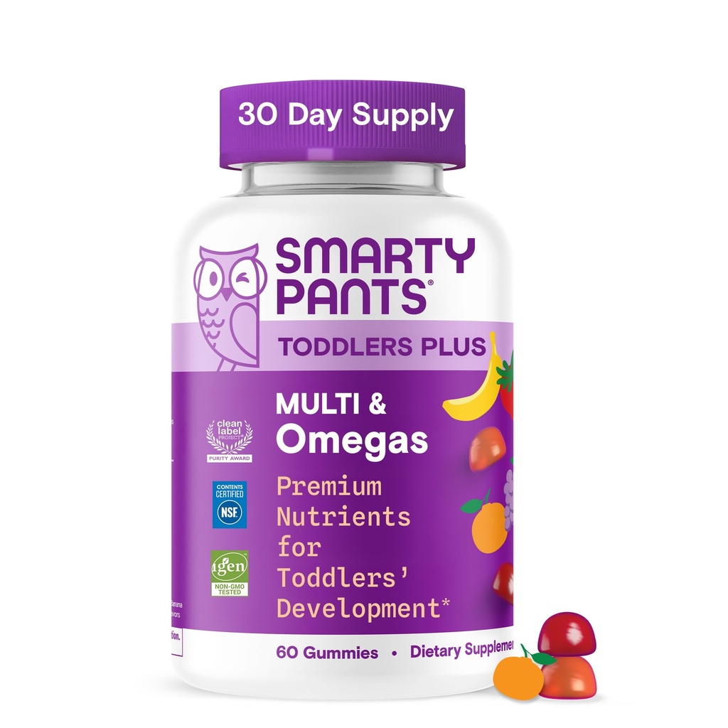 SmartyPants Gummies multivitamines pour tout-petit, Omega 3 (DHA/EPA), Vitamines D3, C, Vitamine B12, B6, A, K & Zinc, Biotine, Sans gluten, Trois arômes de fruits, 60 comtes (30 jours)