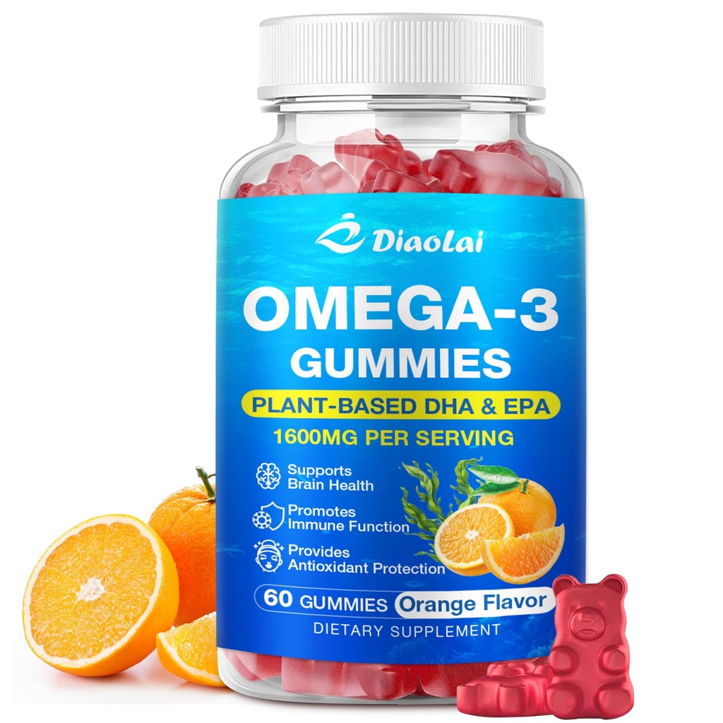 Oméga-3 végétalien pour adultes – sans sucre, à base d'algues DHA 600mg & EPA 300mg, avec des vitamines A, C, E, Zinc – Oméga 3 Huile de poisson alternative, 60 Compte