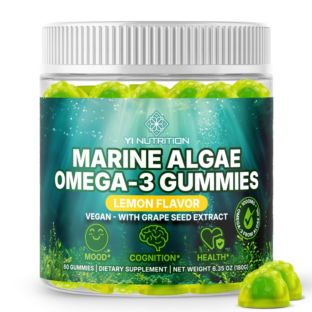 Gommies d'algues marines Oméga 3 avec 3400mg+-- DHA/EPA/ALA, 20:1 Extrait de graines de raisin, vitamine C et folate.