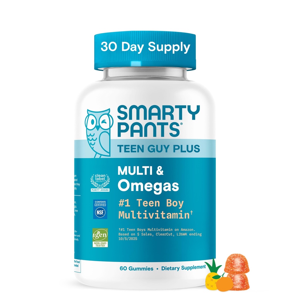 SmartyPants Adolescent Guy Plus Multivitamines et Omégas Multivitamines avec Omega 3 DHA/EPA, Vitamines D3, C, B12, B6, A, K, Zinc, Folate, Sans gluten, Étiquette propre, Orange ananas, 60 Gummies (30 jours)