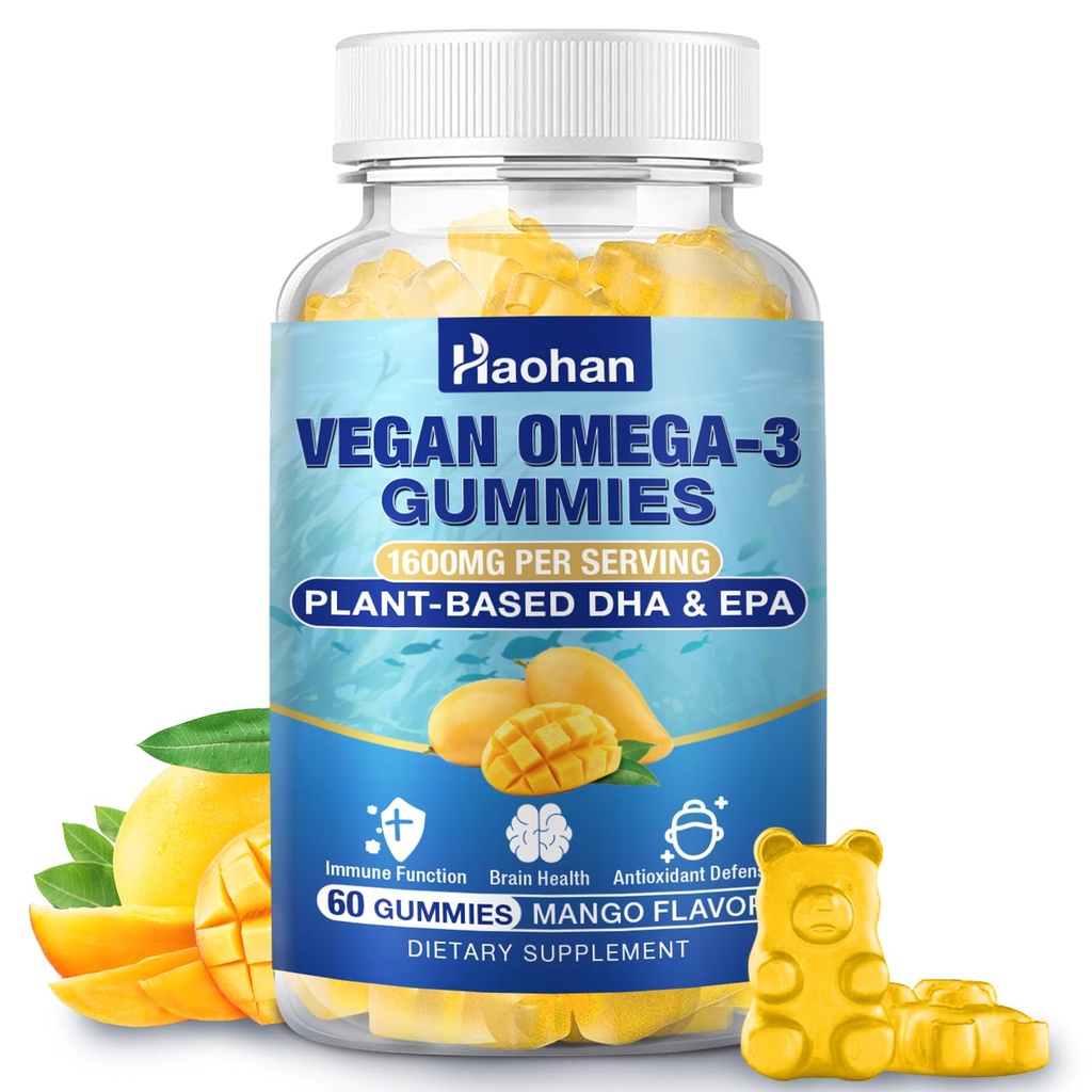 Omega-3 Gommies pour adultes, Arôme d'orange – Sans sucre, Algae-Derived DHA 600mg & EPA 300mg, avec des vitamines A, C, E, Zinc, 60 Gommies