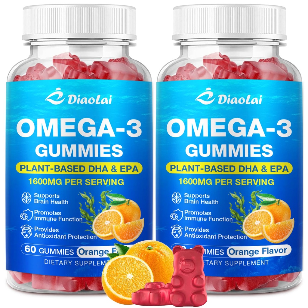2 Pack Oméga-3 Gommies végétaliens pour adultes – sans sucre, à base d'algues DHA 600mg & EPA 300mg, avec les vitamines A, C, E, Zinc – Oméga 3 Huile de poisson alternative, 120 Compte