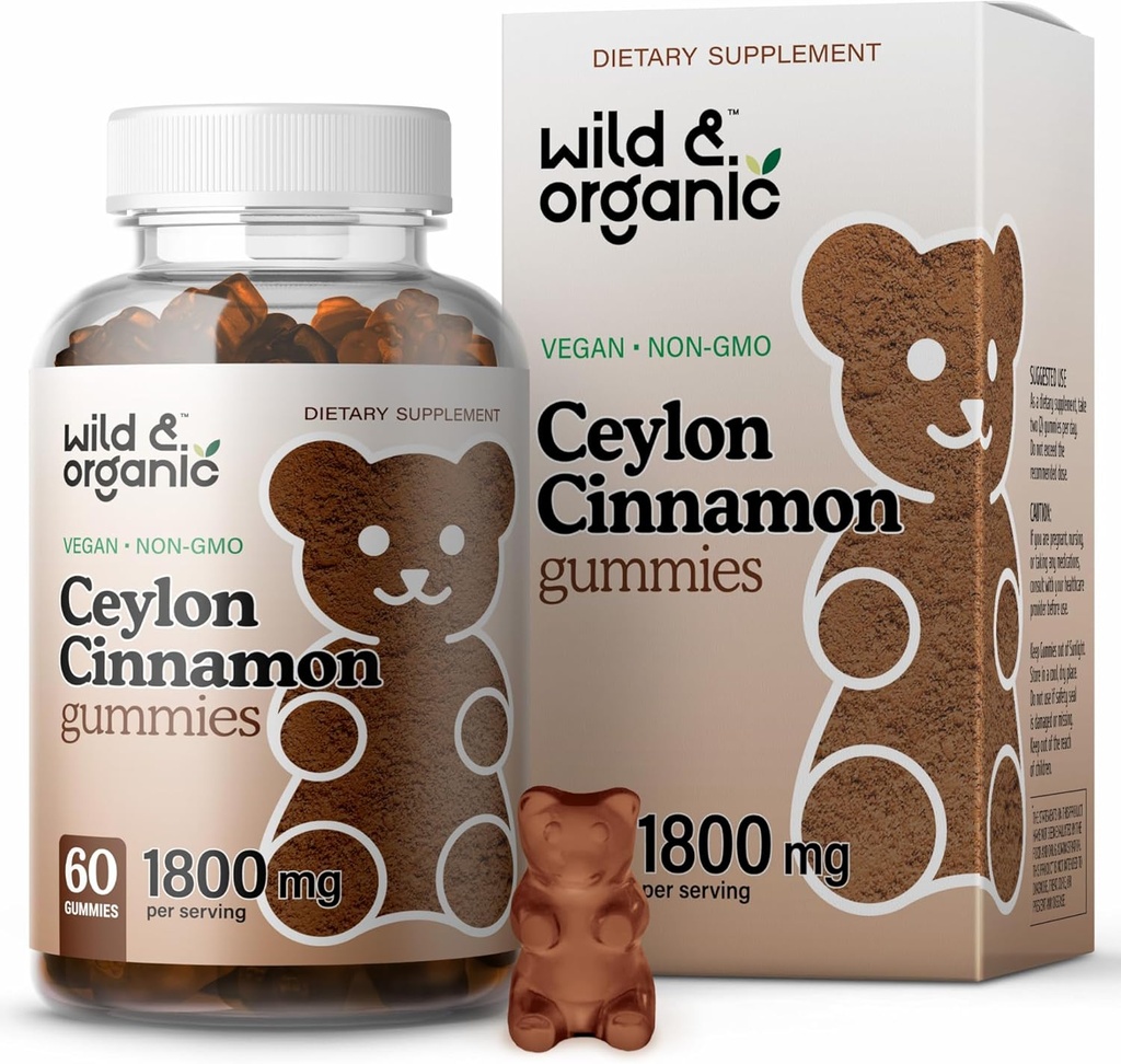 Wild & Organic Ceylon Cinnamon Gummies 1800mg - Antioxidants Support w/Cinnamon, Turmeric Root, Ginger - 60 Vegan, Non-GMO Chews