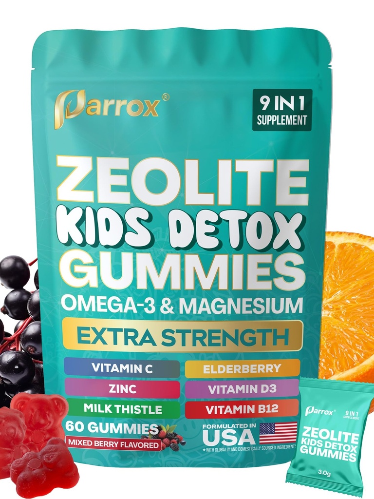 Gummies pour enfants zéolites, 9-en-1 avec zéolite, Oméga-3, Magnésium, Elderberry, Vitamine C, Thistle de lait, Vitamine D3, Zinc, B12 – Sans sucre (60 Gummies – Mélange d'arôme de baie)