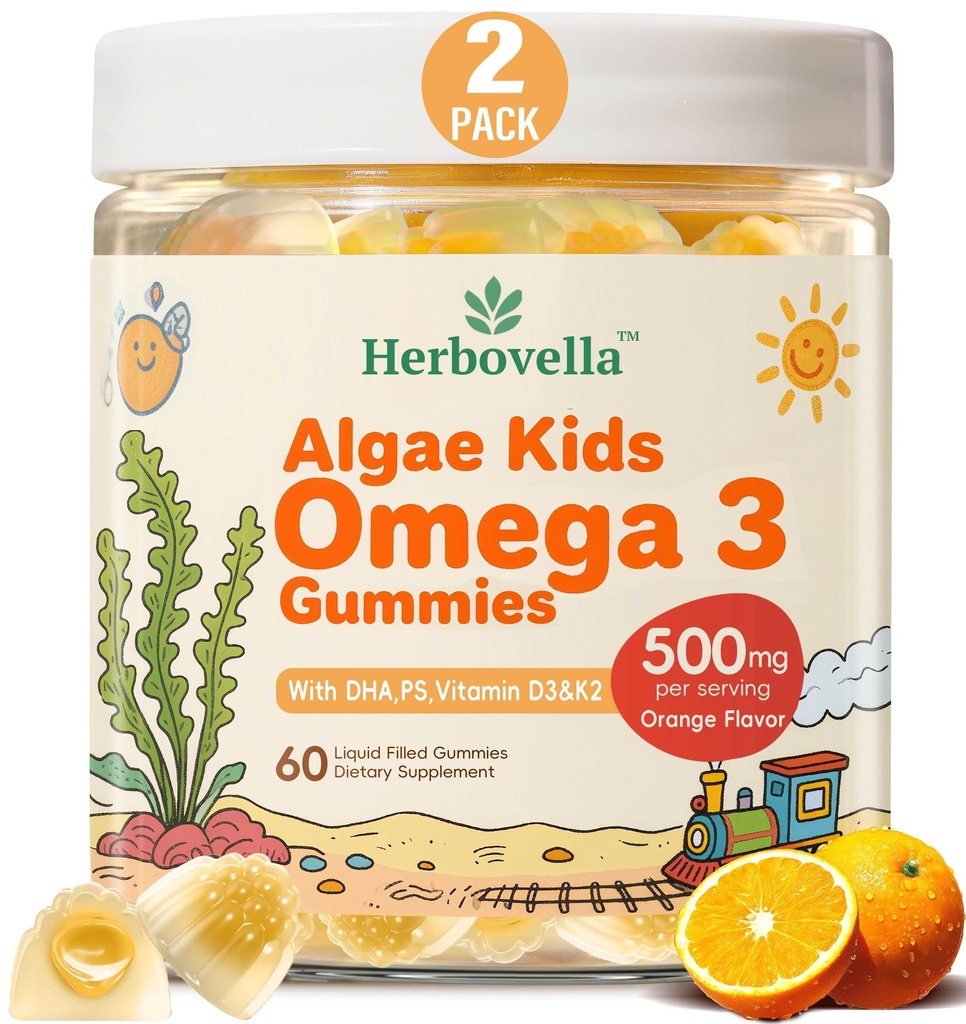 Enfants Omega 3 Gummies 2 Pack, Algae végétalien DHA 420mg avec PS, vitamine D3 K2, sans sucre, sans huile de poisson, cerveau et Focus Support pour les enfants, 120 Gummies