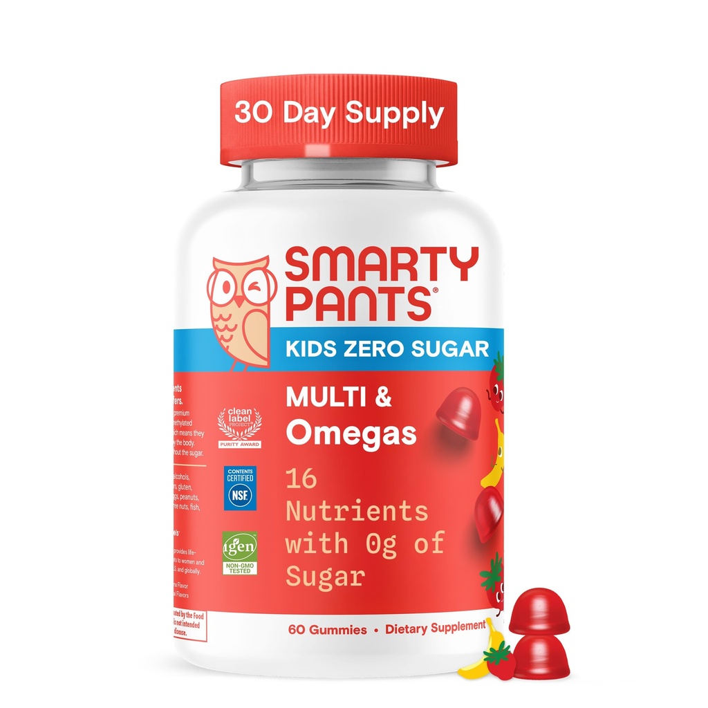 SmartyPants Enfants Zéro sucre Multivitamine Gommies: Oméga-3, Vitamines D, C, A, Plant-Based, Sans gluten, Fraise Banana Flavor, 60 comte (30 jours d'approvisionnement)