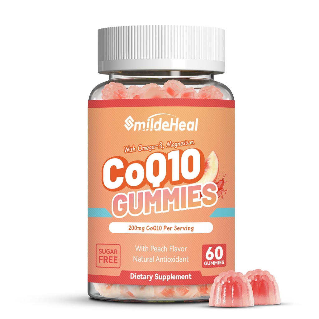 CoQ10 Gummies 200mg avec Omega-3, EPA + DHA, et Magnésium - Coenzyme Q10 suppléments pour la santé cardiaque, l'énergie cellulaire et l'antioxydant, végétalien - 60 Gummies