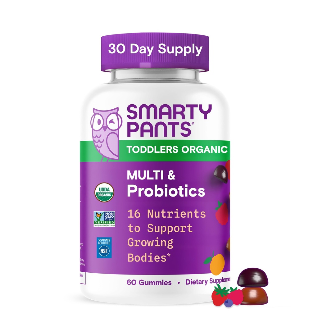 SmartyPants Organic Toddler Multivitamine Gummies: Probiotiques, Oméga 3 (ALA), Vitamine D3, C, Vitamine B12, B6, A, K & Zinc, Beta Carotène, Sans gluten, Trois arômes de fruits, 60 Compte (30 jours)