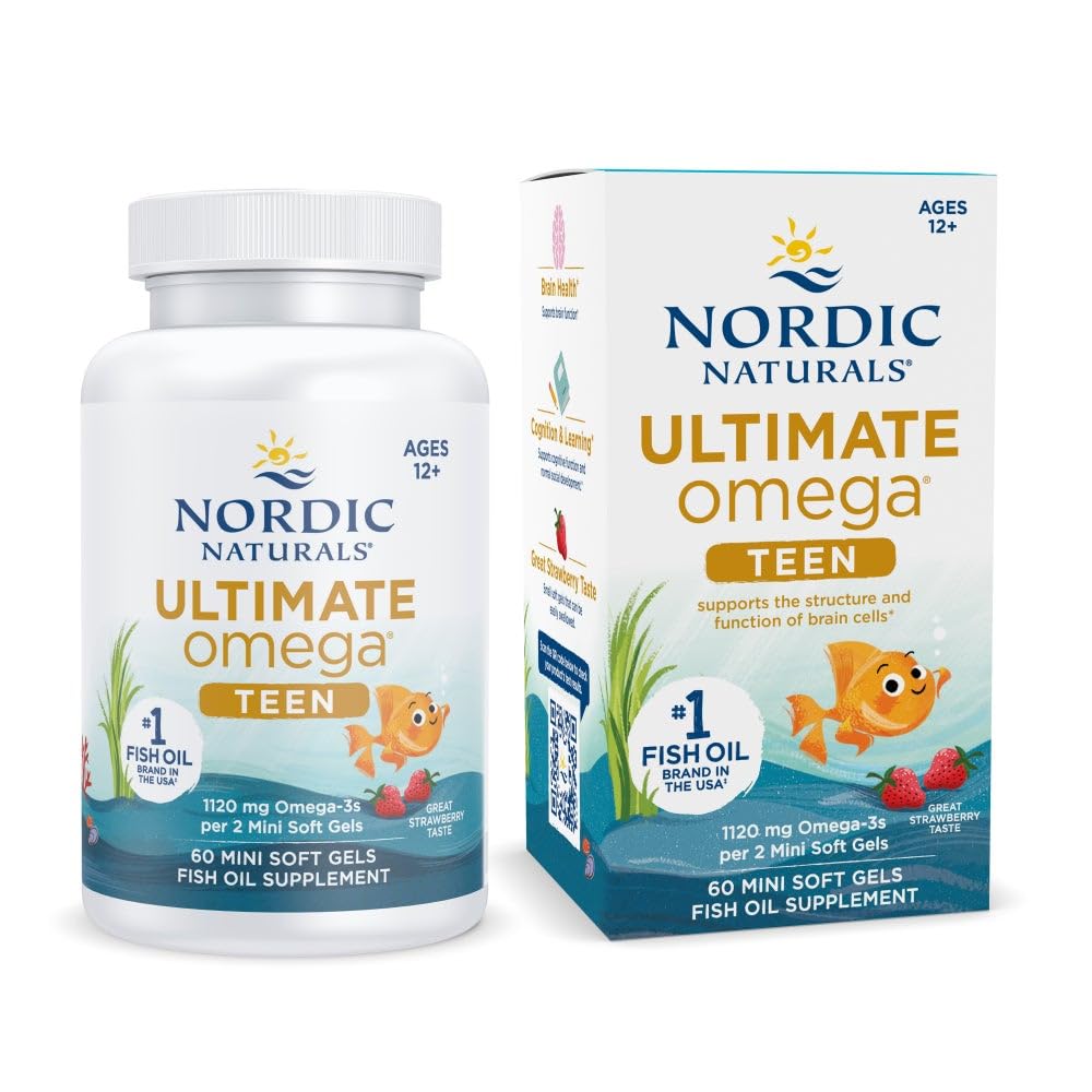 Nordic Naturals Ultimate Omega 2X Teen, Strawberry - 60 Mini Soft Gels - 1120 mg Total Omega-3s with EPA & DHA - Brain Health, Positive Mood, Social Development, Learning - Non-GMO - 30 Servings